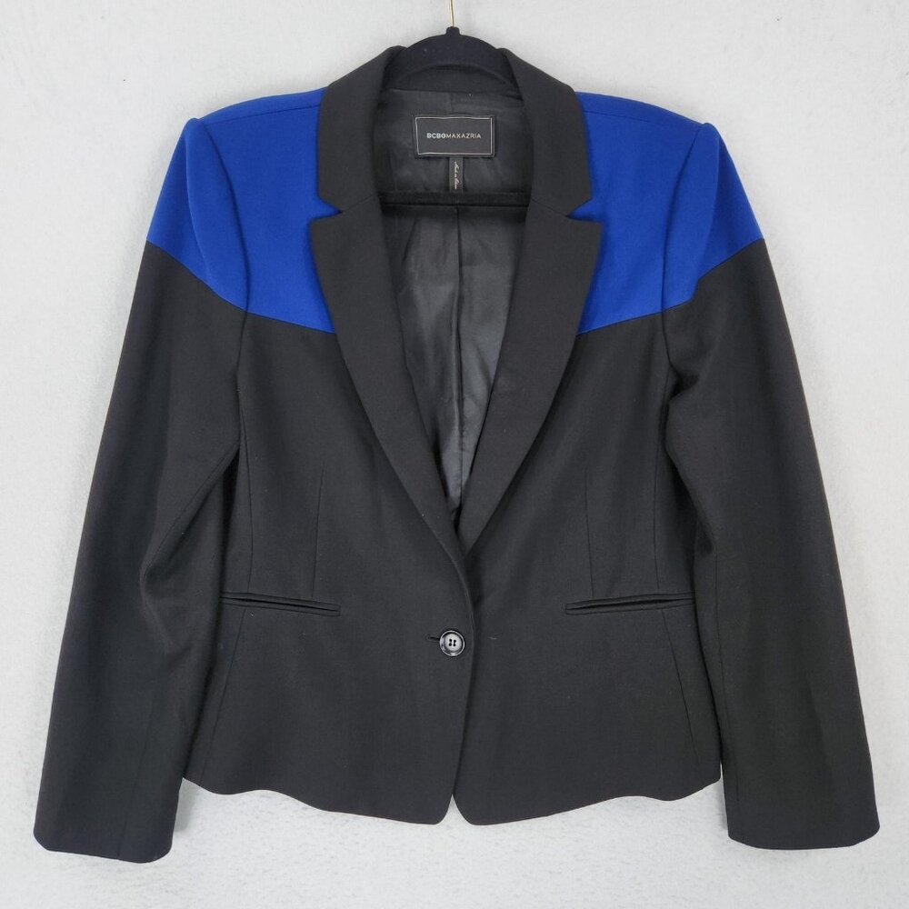 BCBG MAXAZRIA Jacket Womens Large Black Blue Single Button Blazer Career Office
